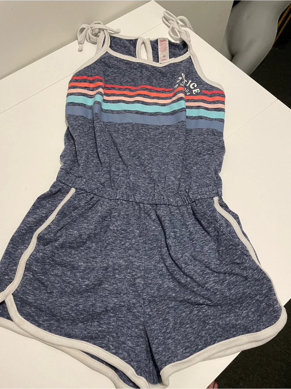 Justice Brand Girl's size 10 Heathered Blue One Piece Striped Romper Pockets